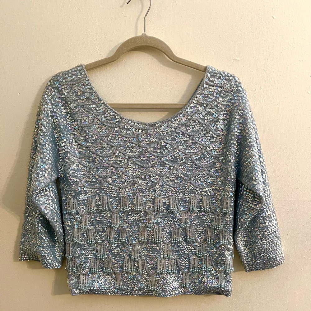 Vintage 1960s Ice Blue Hand Beaded Sweater